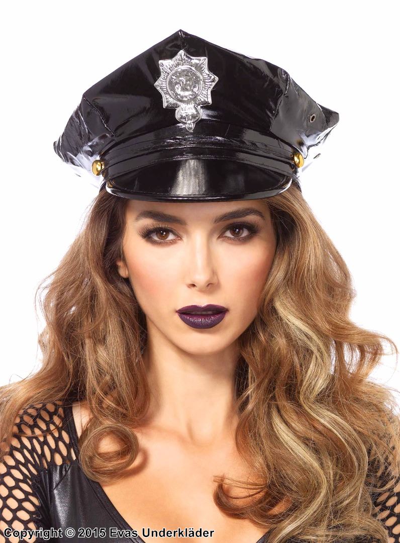 Kvinnelig trafikkpoliti, kostyme-hatt, lack